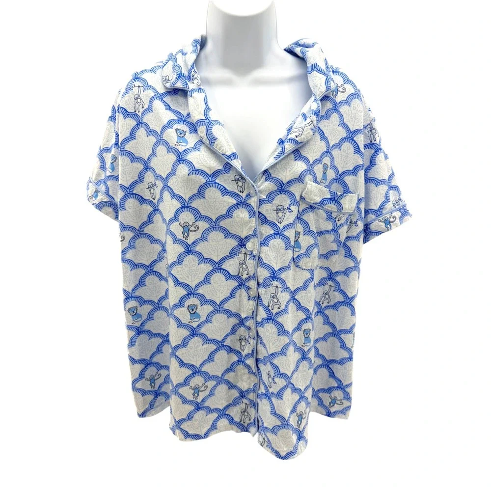 Roller Rabbit Target Monkey Lattice Pajama Set XXL Blue Preppy Coquette PJ 2pc